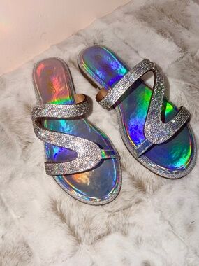 Mata Silver Rhinestone Studded Slip On Sandals W/An Iridescent Sole